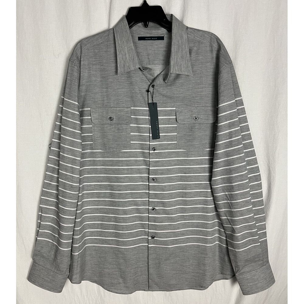 Perry Ellis Mens Button Up Shirt Long Sleeve Pockets Striped Casual XXL Cotton